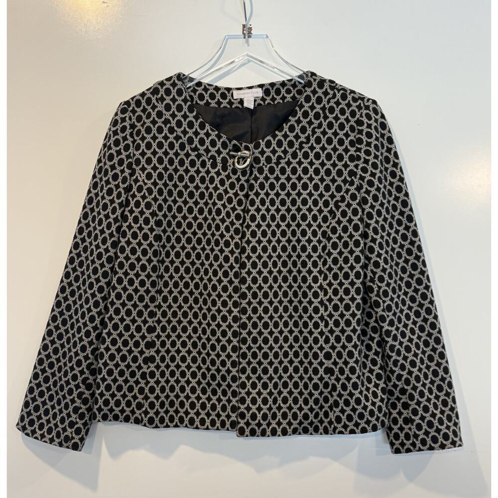 Charter Club Black White Geometric Print Blazer Jacket Career Womens Medium (M)‎